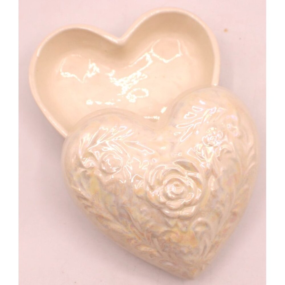 Opalescent Iridescent Ceramic Heart Trinket Box Embossed Rose Lid Vintage 1983